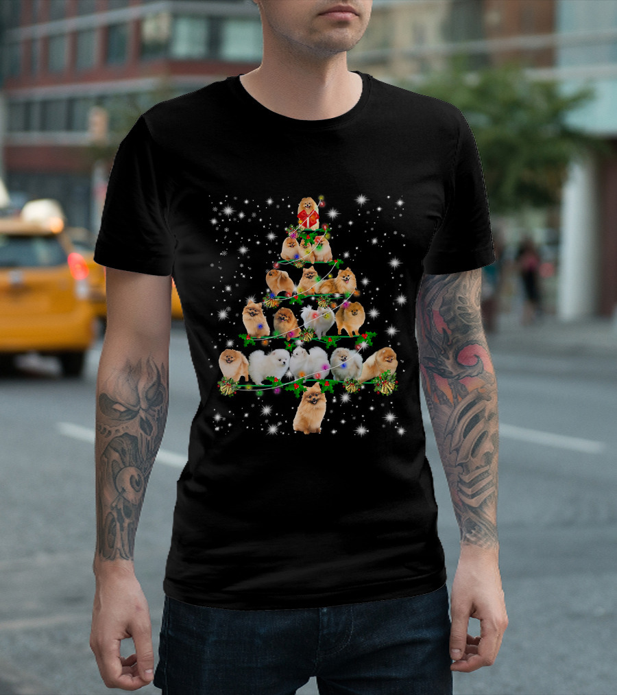 Funny Pomeranian Christmas Tree Featuring Dogs as Ornaments T-Shirt