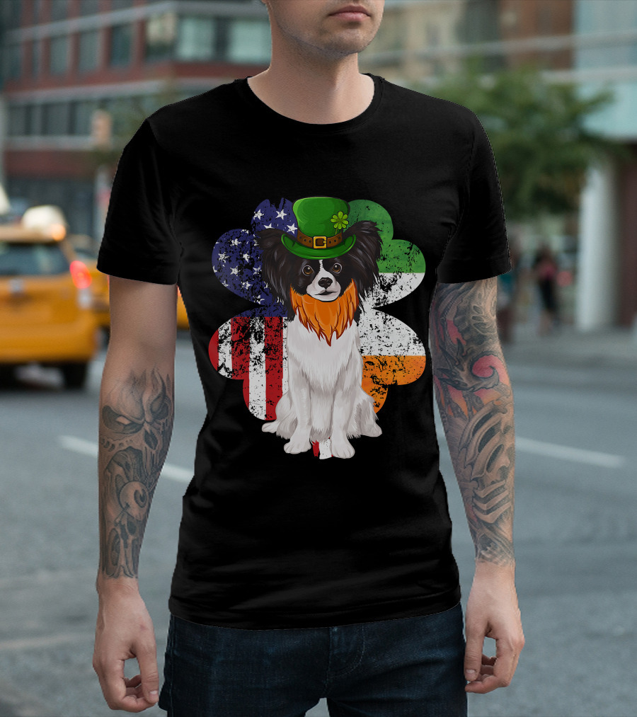 St Patricks Day Irish American Flag Papillon Dog with Leprechaun Hat and Shamrock T-Shirt
