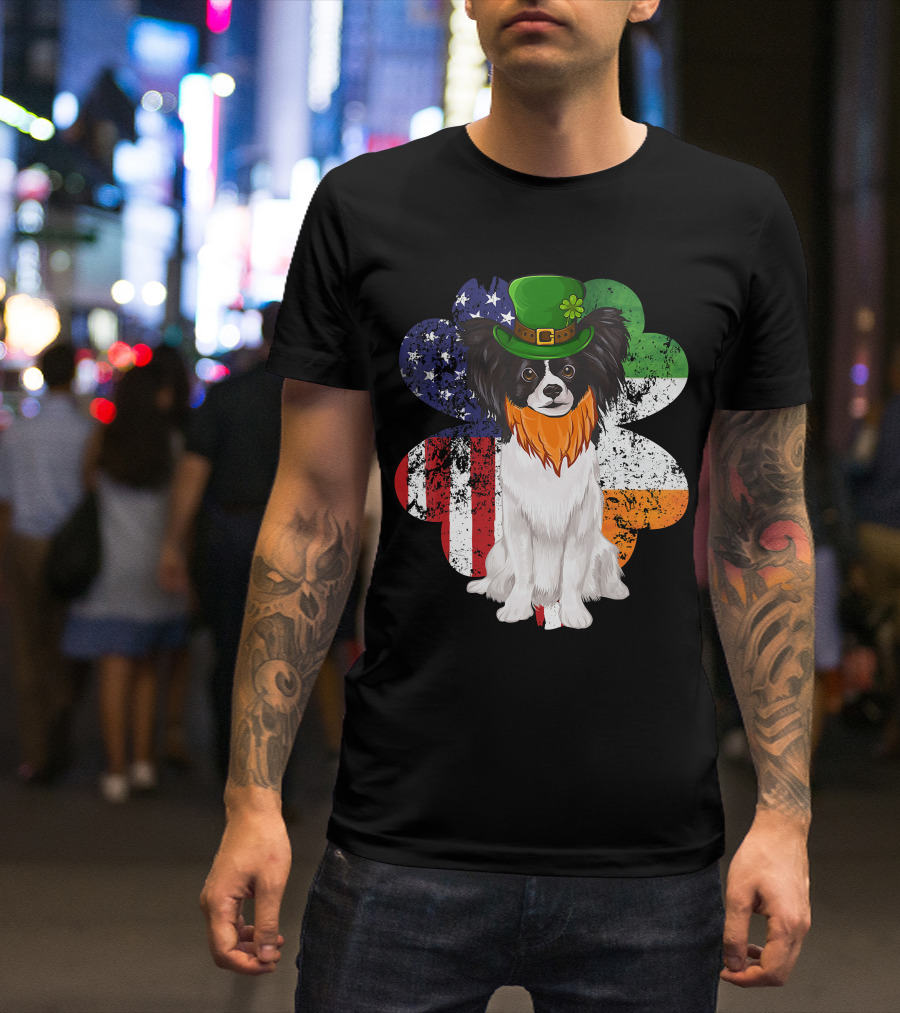 St Patricks Day Irish American Flag Papillon Dog With Leprechaun Hat And Shamrock T-Shirt