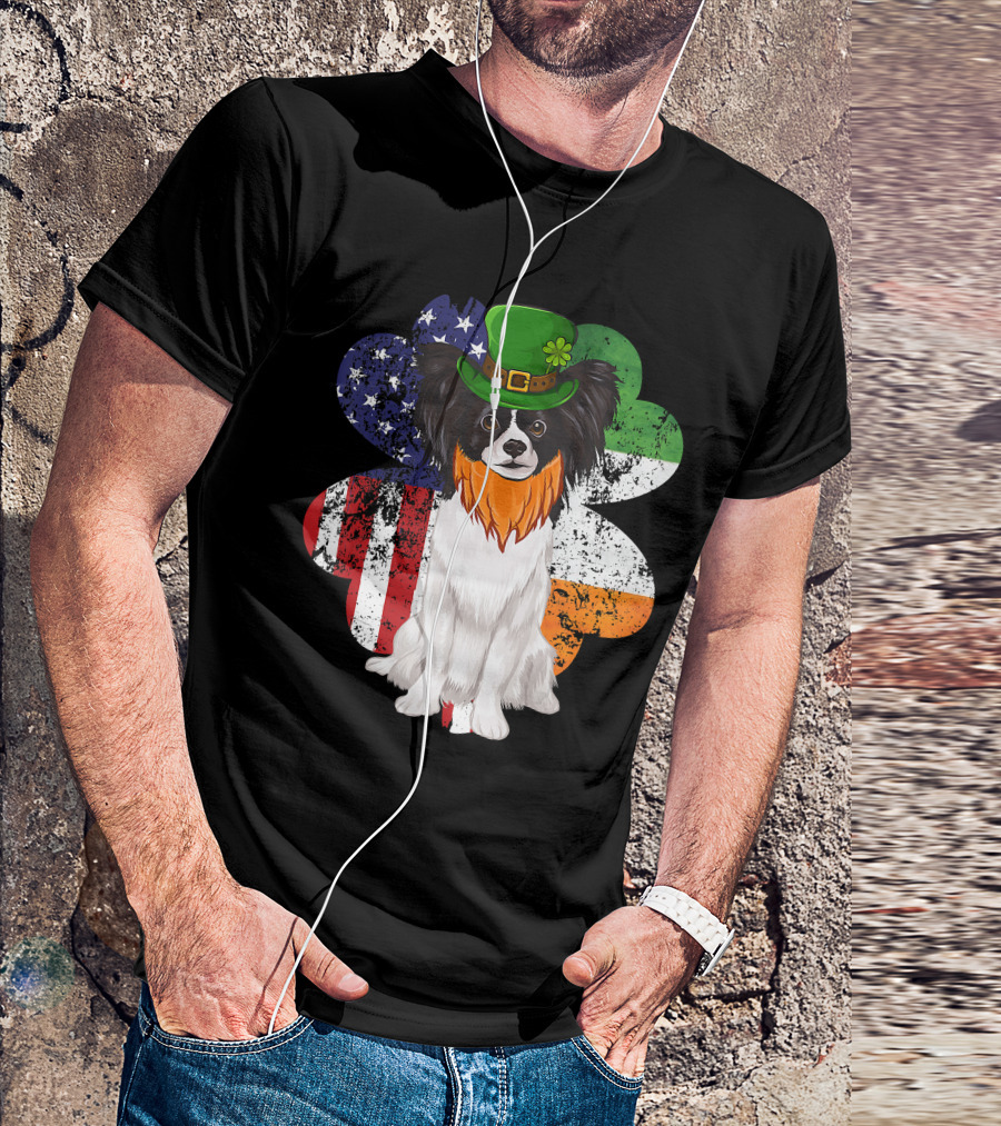 St Patricks Day Irish American Flag Papillon Dog With Leprechaun Hat And Shamrock T-Shirt