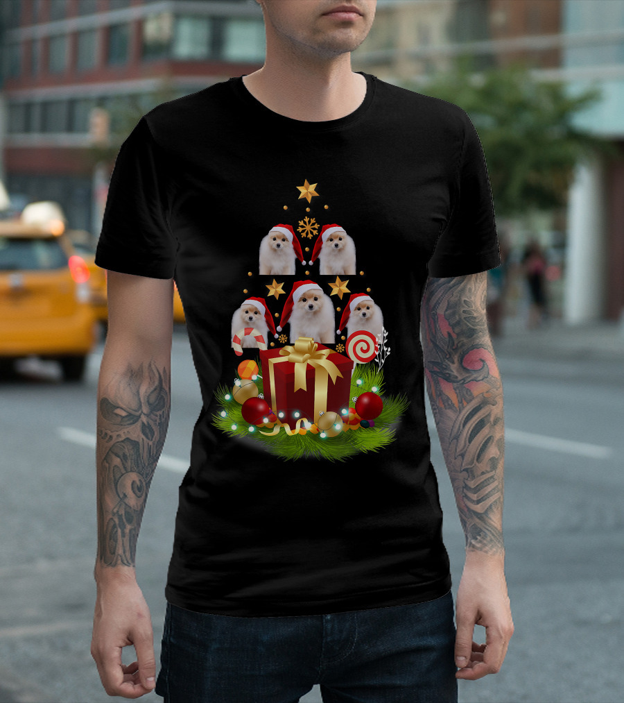Santa Pomeranian Christmas Tree with Presents and Candy Canes T-Shirt