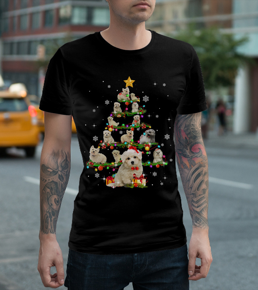 Maltese Christmas Tree With Santa Hat And Paw Up T-Shirt