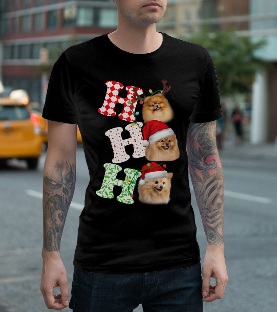 Ho Ho Ho Pomeranian Santa Hat Reindeer Antlers Christmas T-Shirt