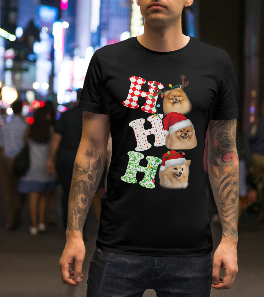 Ho Ho Ho Pomeranian Santa Hat Reindeer Antlers Christmas T-Shirt