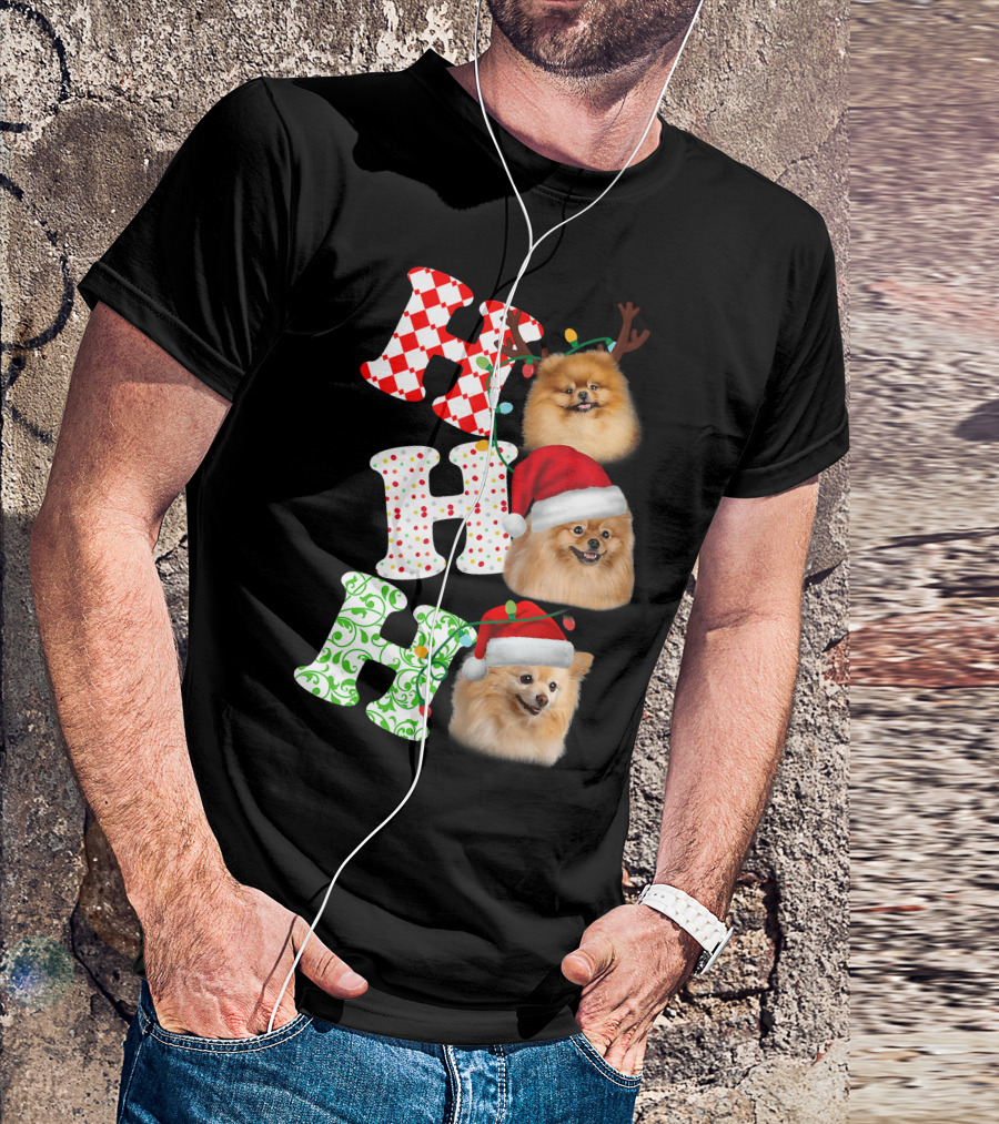 Ho Ho Ho Pomeranian Santa Hat Reindeer Antlers Christmas T-Shirt