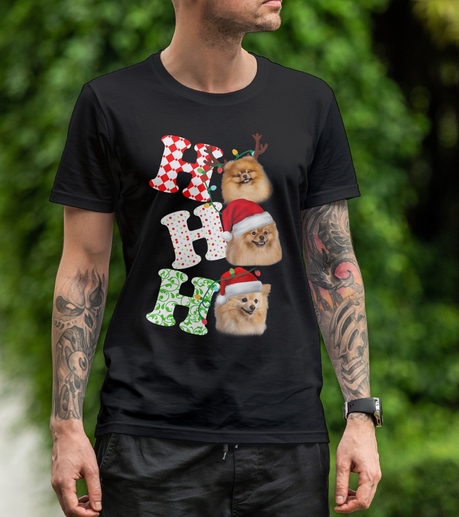 Ho Ho Ho Pomeranian Santa Hat Reindeer Antlers Christmas T-Shirt