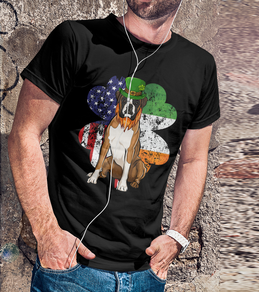 St Patricks Day Boxer Dog With Irish American Flag Shamrock T-Shirt