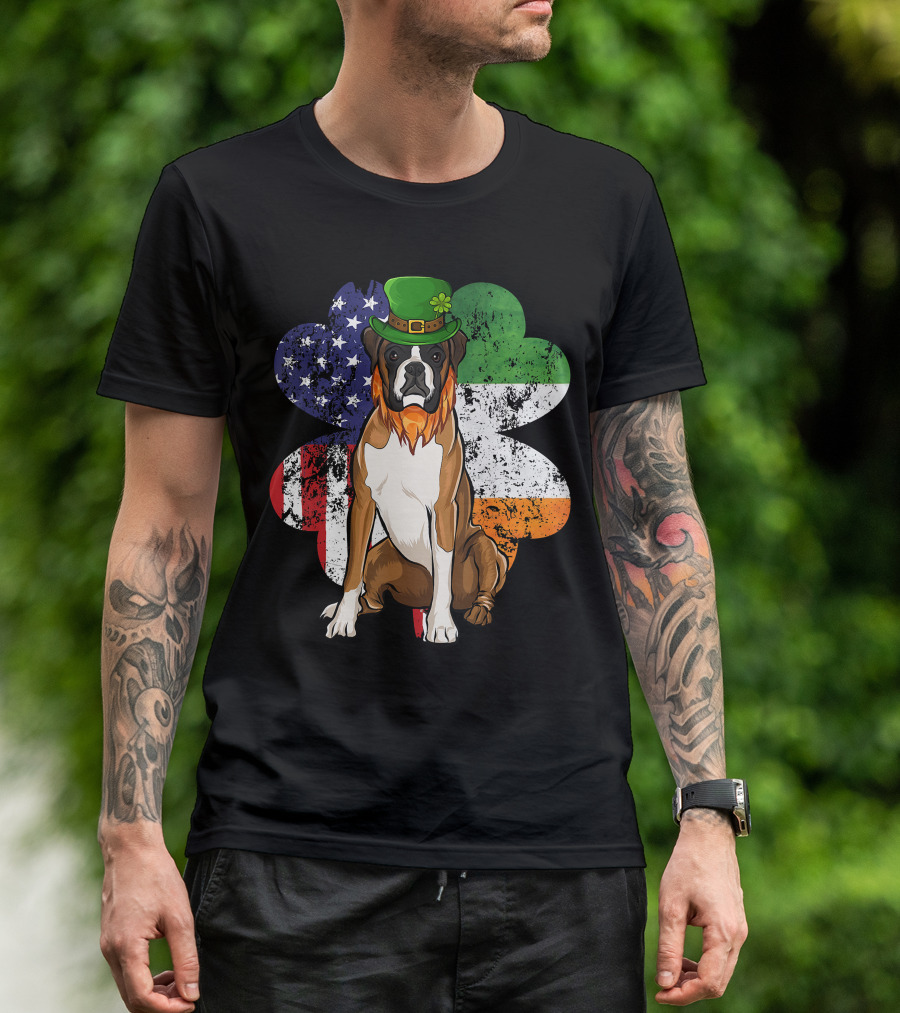 St Patricks Day Boxer Dog With Irish American Flag Shamrock T-Shirt