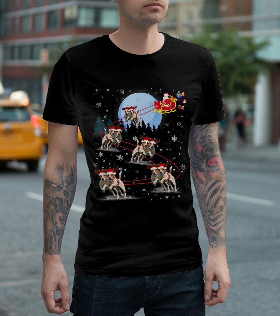 Jack Russell Reindeer Pulling Santa Sleigh Under Moonlit Snowfall T-Shirt