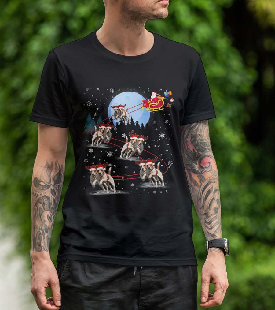 Jack Russell Reindeer Pulling Santa Sleigh Under Moonlit Snowfall T-Shirt