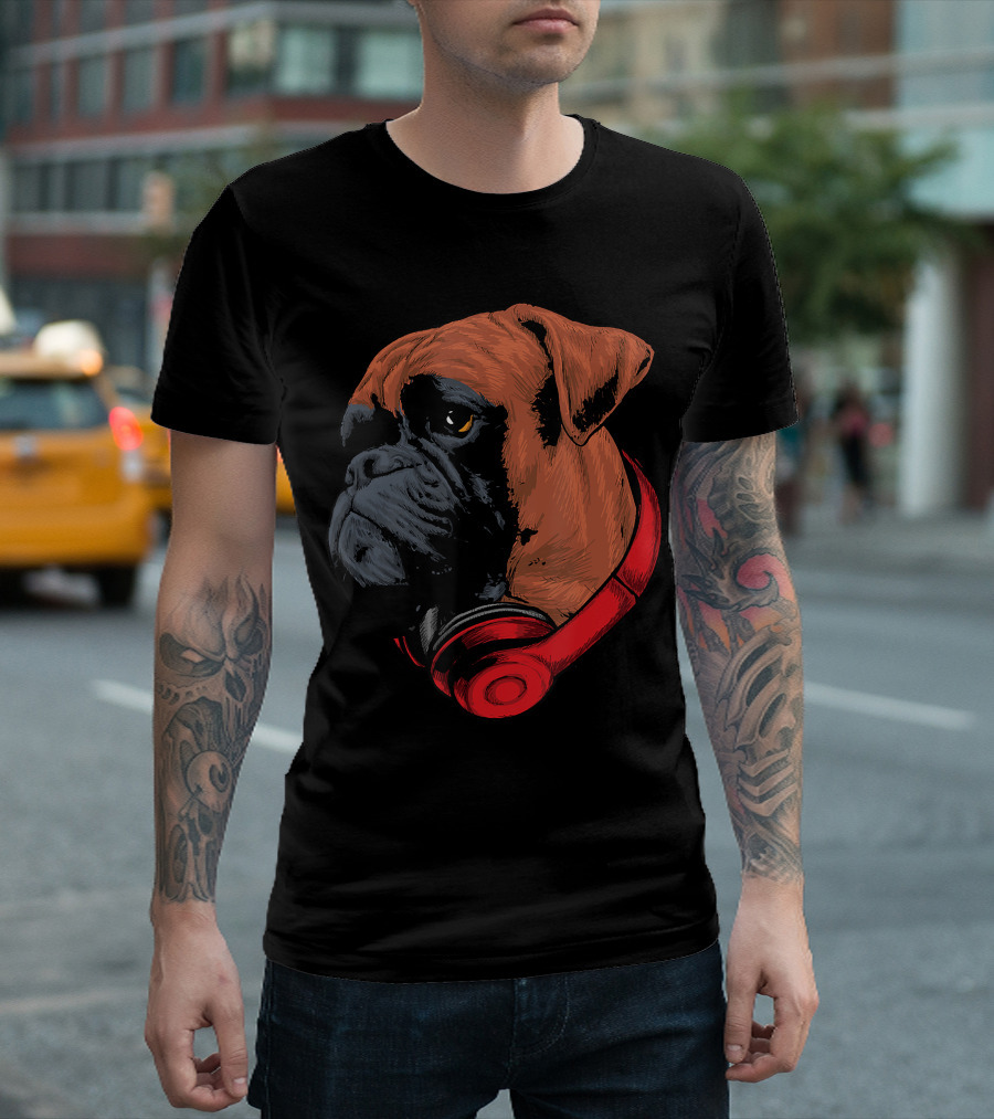Boxer Dog With Red Headphones Cool Gaming T-Shirt