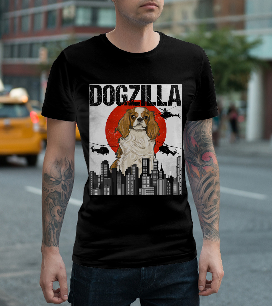 Funny Japanese Dogzilla Cavalier King Charles Helicopter City Skyline T-Shirt