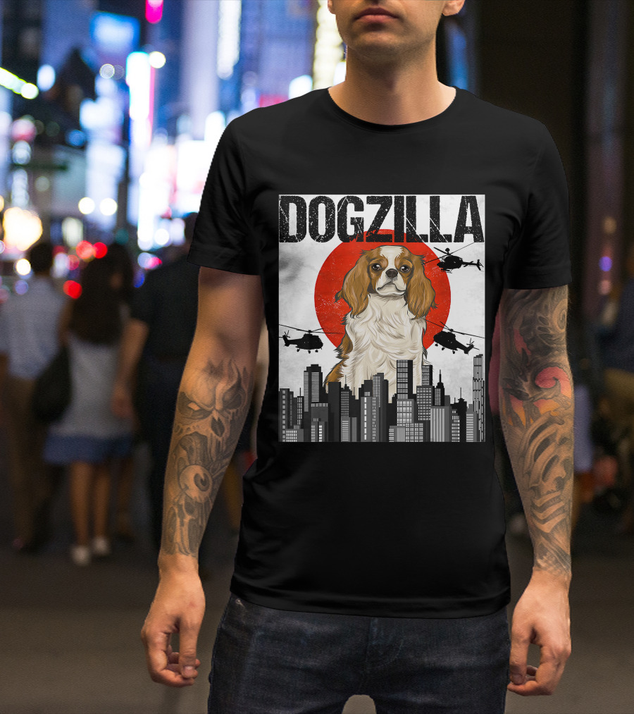 Funny Japanese Dogzilla Cavalier King Charles Helicopter City Skyline T-Shirt