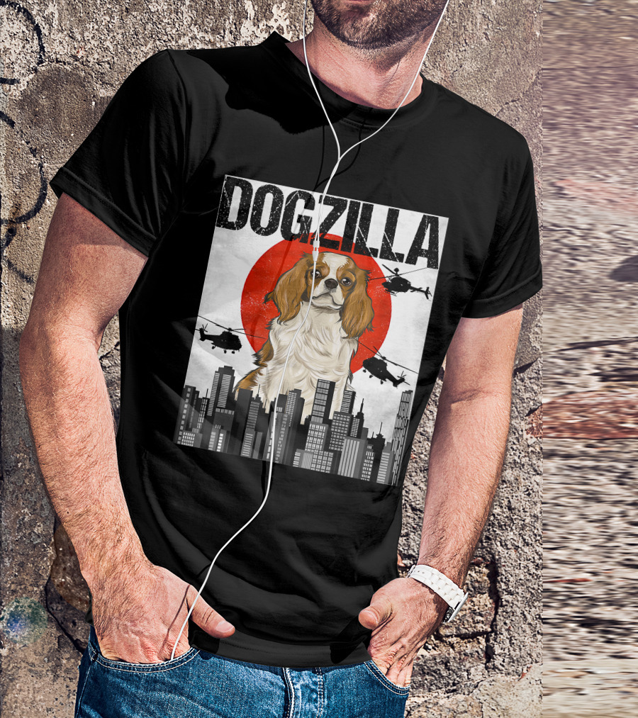 Funny Japanese Dogzilla Cavalier King Charles Helicopter City Skyline T-Shirt