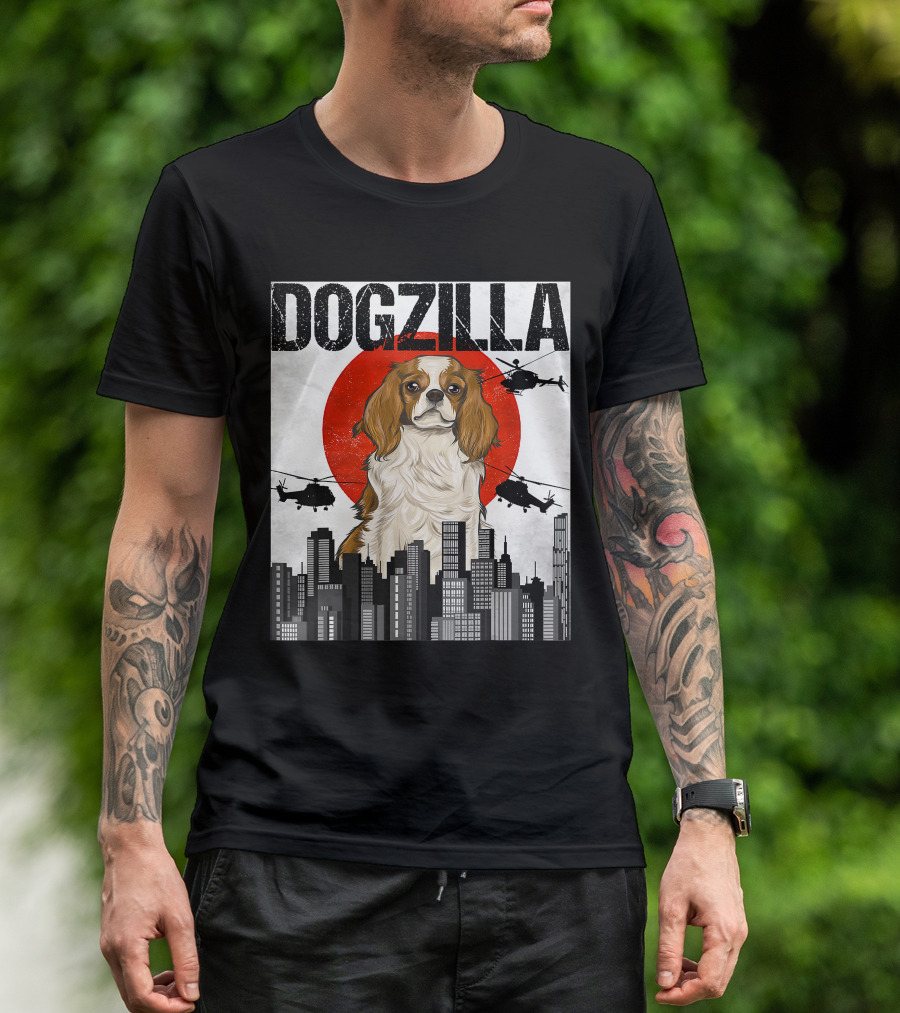 Funny Japanese Dogzilla Cavalier King Charles Helicopter City Skyline T-Shirt