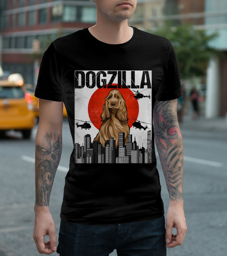 Dogzilla Vintage Japanese Cityscape with English Cocker Spaniel T-Shirt