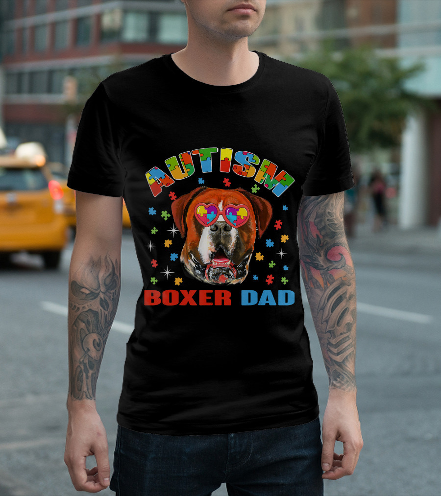 Autism Awareness Boxer Dog Dad With Heart Puzzle Glasses T-Shirt