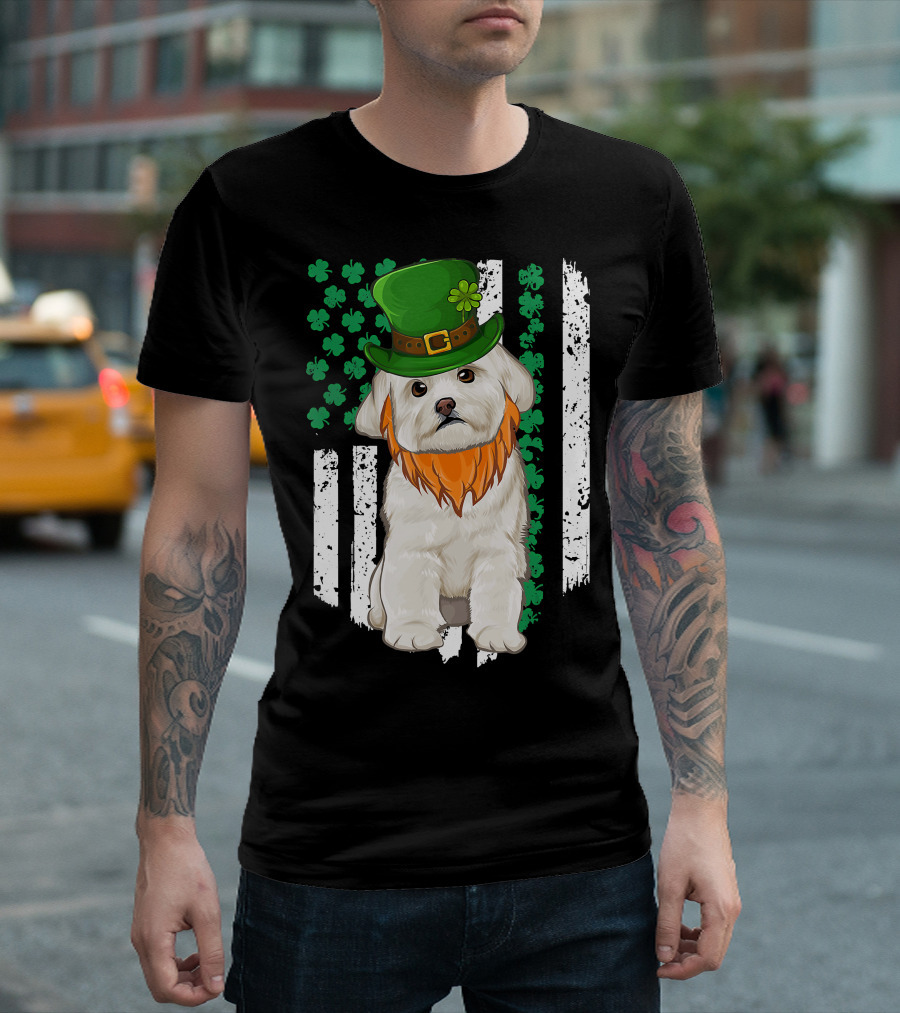 Maltese Dog with Leprechaun Hat and Shamrocks on Irish American Flag for St Patrick's Day T-Shirt