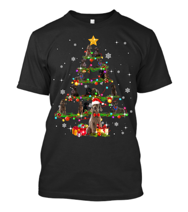 Weimaraner Christmas Tree Lights Santa Hat Paw Presents Snowflakes Star T-Shirt