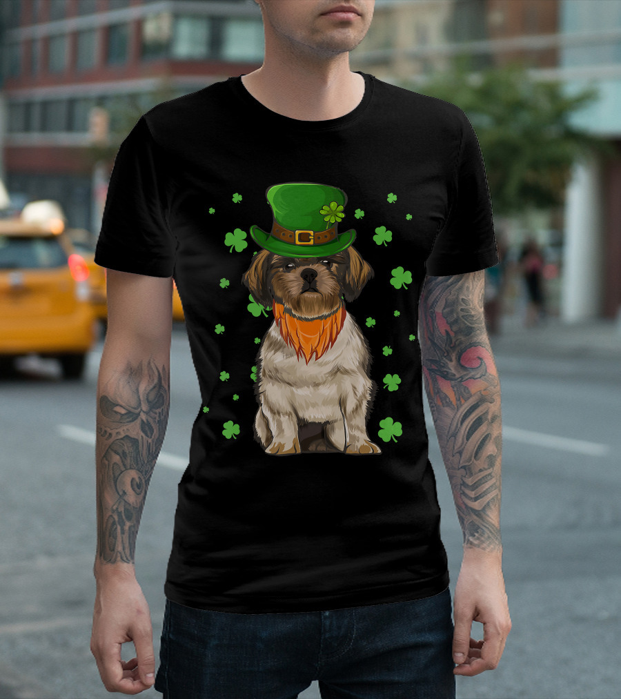 St Patricks Day Shih Tzu Dog With Green Hat And Shamrocks T-Shirt