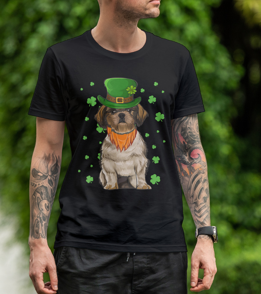 St Patricks Day Shih Tzu Dog With Green Hat And Shamrocks T-Shirt