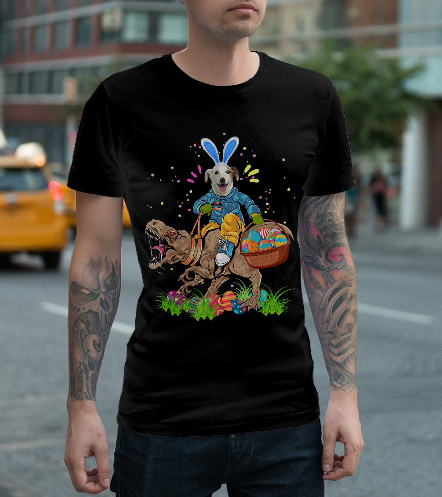 Bunny Jack Russell Dog Riding T-Rex Dinosaur With Colorful Easter Eggs T-Shirt