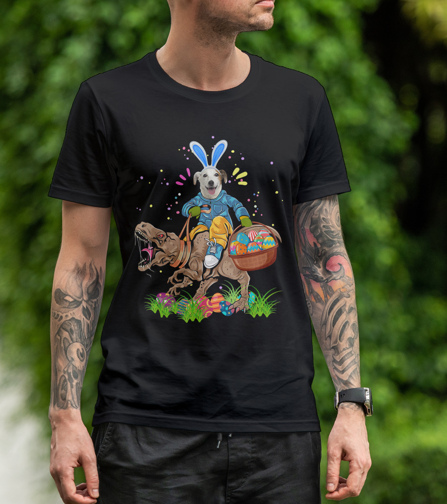 Bunny Jack Russell Dog Riding T-Rex Dinosaur With Colorful Easter Eggs T-Shirt
