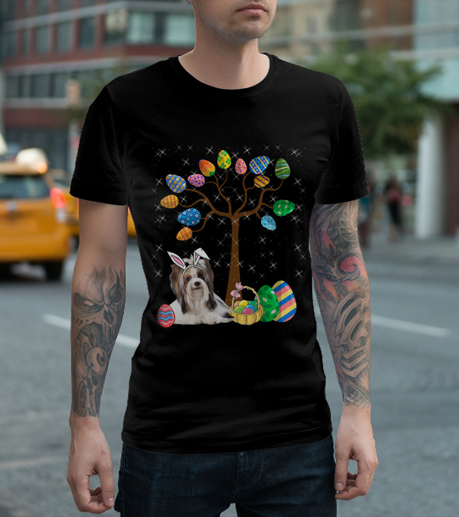 Shih Tzu Dog With Easter Egg Tree And Basket Hunt Day T-Shirt