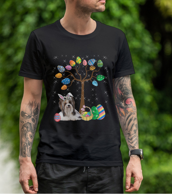 Shih Tzu Dog With Easter Egg Tree And Basket Hunt Day T-Shirt