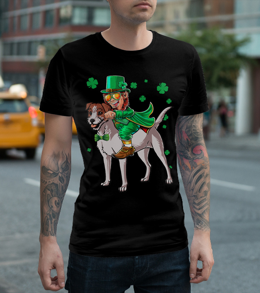 Leprechaun Jack Russell Terrier Riding Shamrock Luck T-Shirt