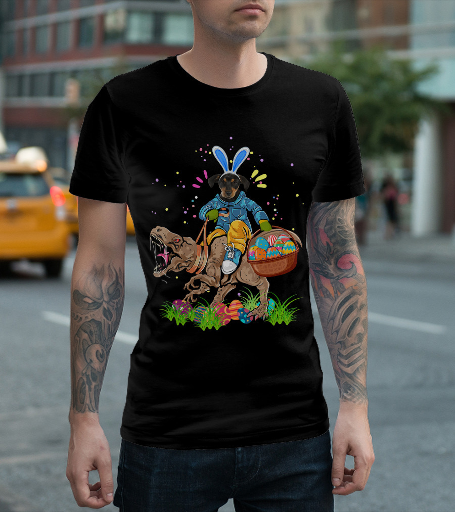 Bunny Rottweiler Dog Riding Rex Dinosaur with Easter Basket T-Shirt