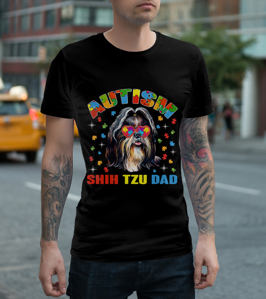 Autism Awareness Cute Shih Tzu Dog Dad with Puzzle Heart Glasses T-Shirt