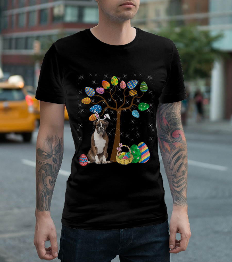 Boxer Dog with Easter Egg Tree and Bunny Ears for Easter Day T-Shirt