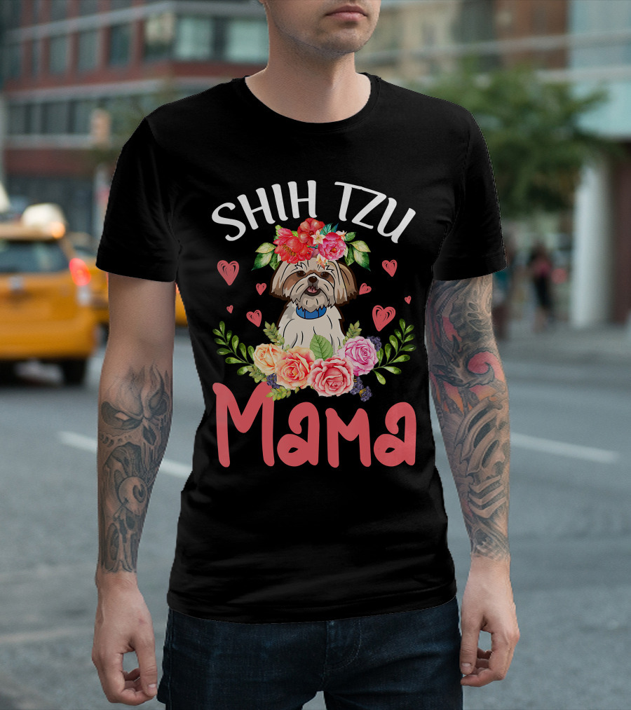 Shih Tzu Mama with Floral Heart Accents T-Shirt
