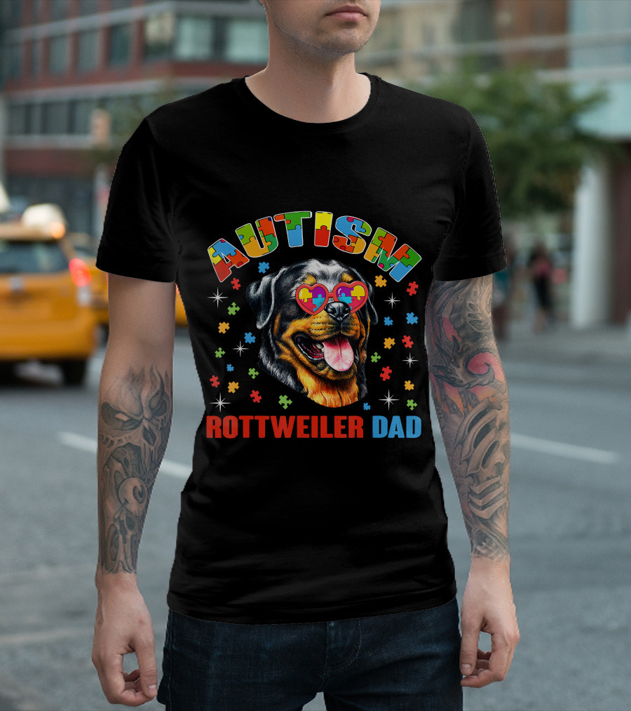 Autism Rottweiler Dad Colorful Puzzle Heart Sunglasses T-Shirt
