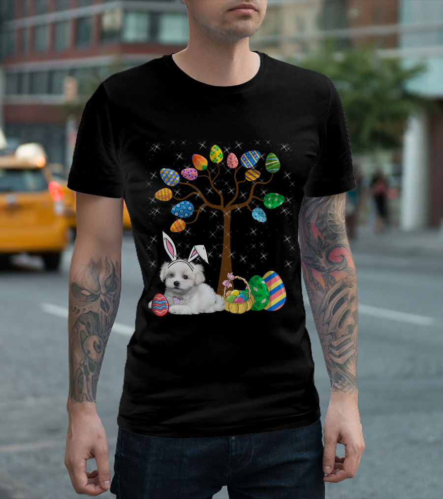 Maltese Dog With Bunny Ears Hunting Easter Eggs On Egg Tree T-Shirt