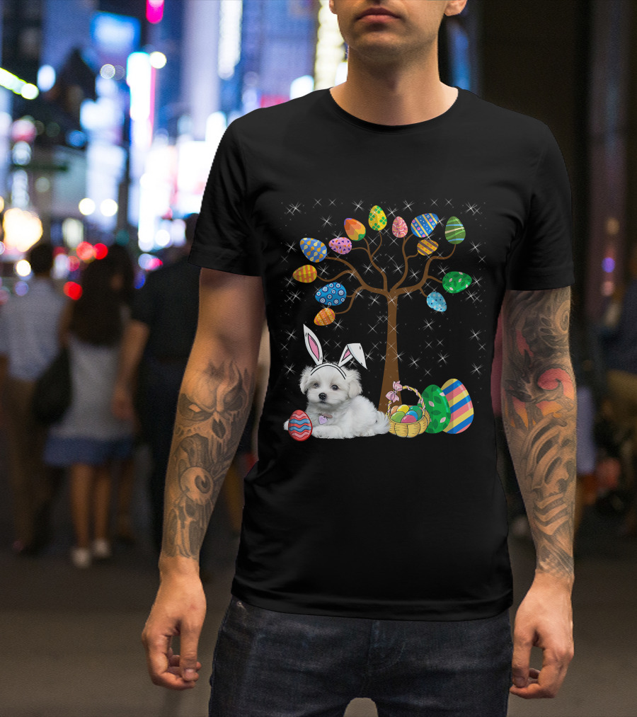 Maltese Dog With Bunny Ears Hunting Easter Eggs On Egg Tree T-Shirt
