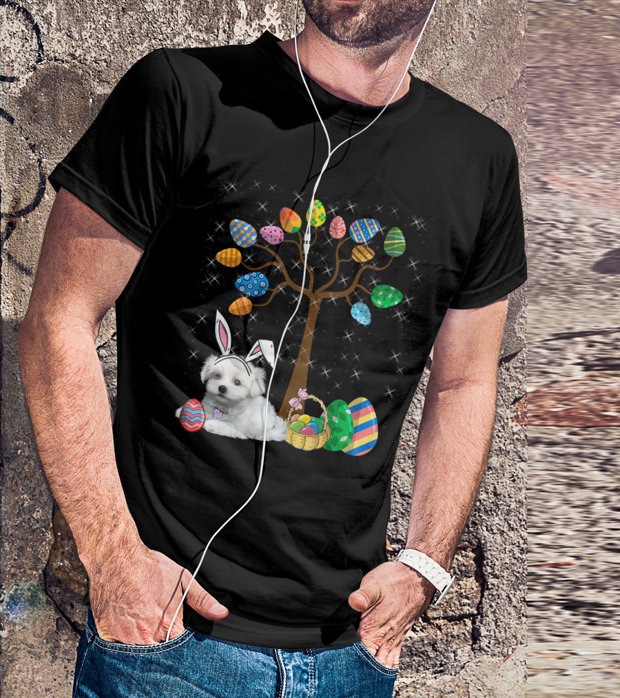 Maltese Dog With Bunny Ears Hunting Easter Eggs On Egg Tree T-Shirt