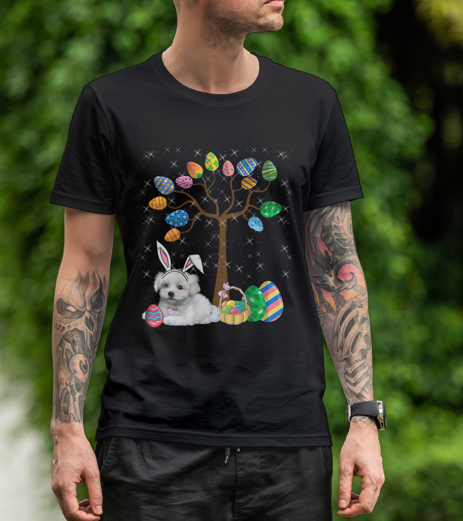 Maltese Dog With Bunny Ears Hunting Easter Eggs On Egg Tree T-Shirt