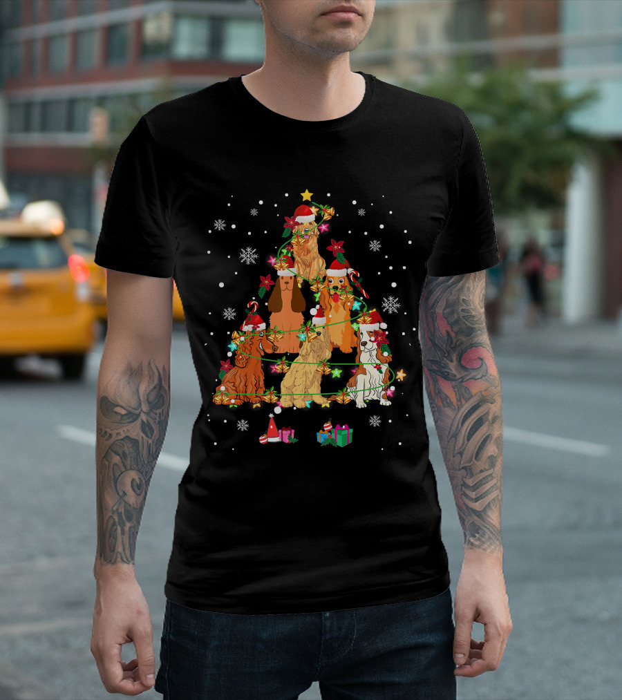 Cocker Spaniel Christmas Tree With Santa Hats And Snowflakes T-Shirt