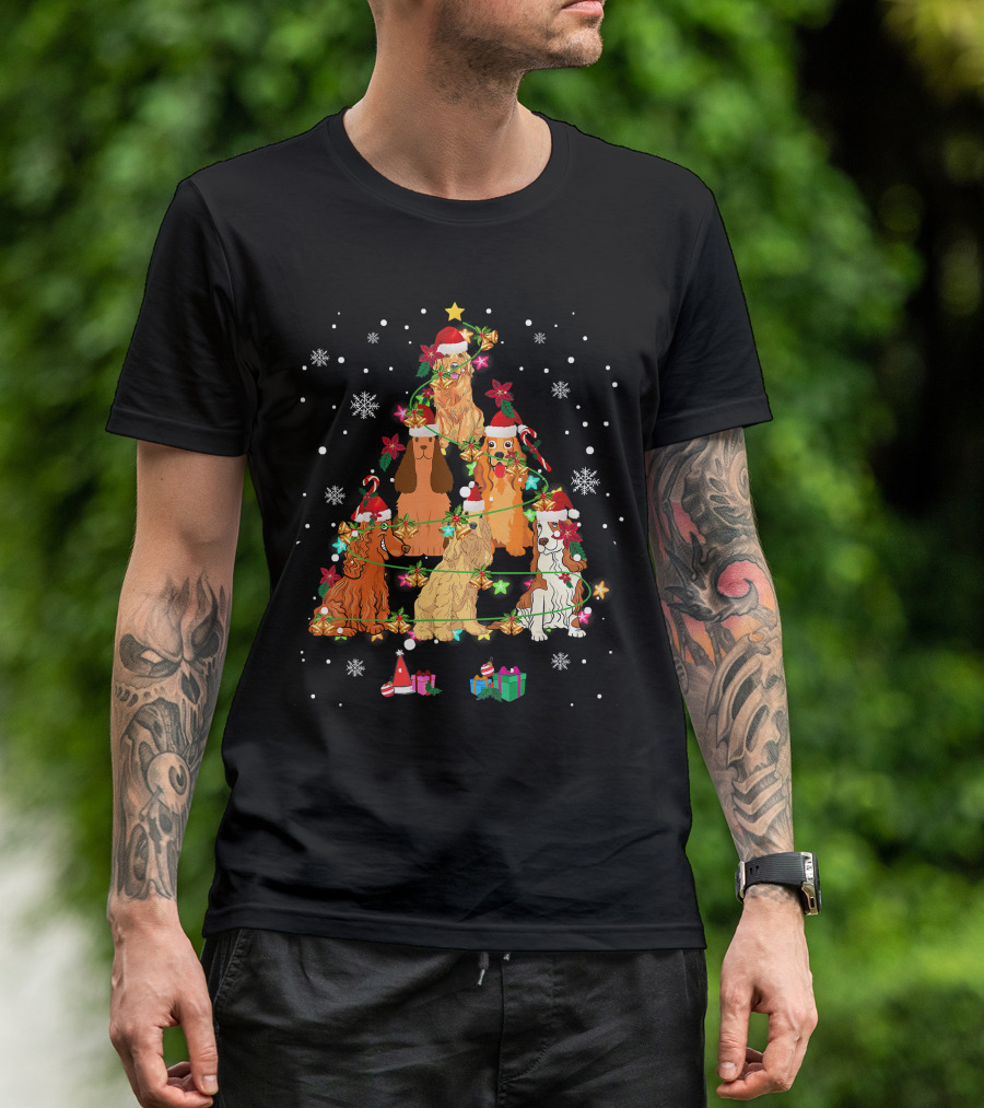 Cocker Spaniel Christmas Tree With Santa Hats And Snowflakes T-Shirt