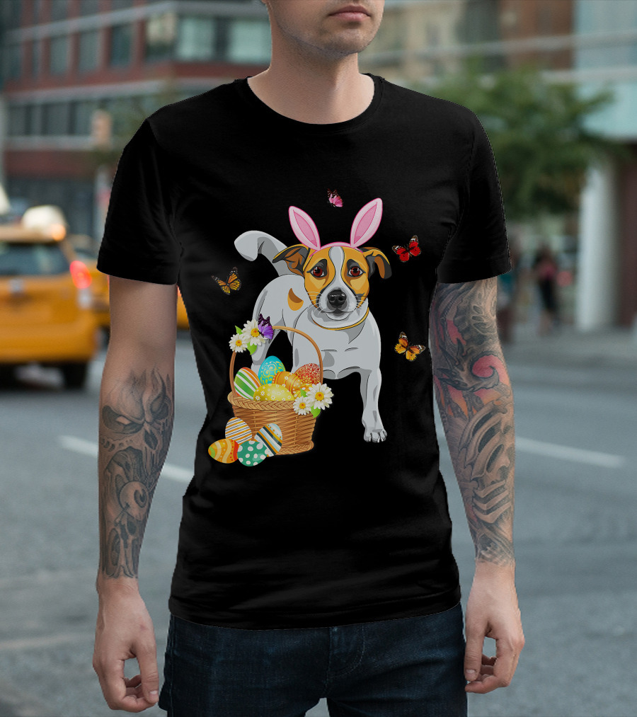 Cutes Jack Russell Bunny Ear With Butterflies And Easter Eggs In Basket T-Shirt