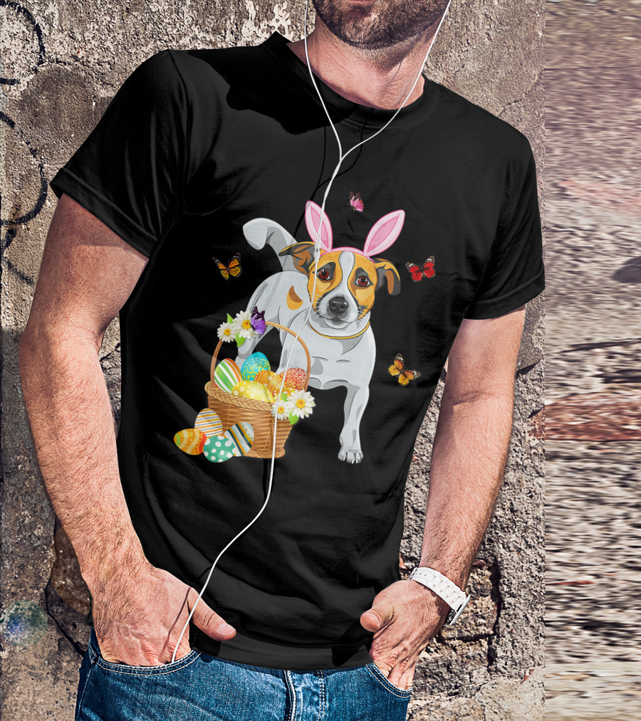 Cutes Jack Russell Bunny Ear With Butterflies And Easter Eggs In Basket T-Shirt