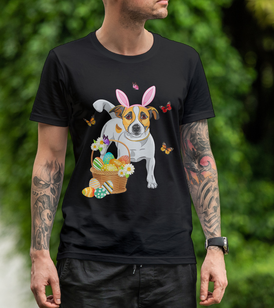 Cutes Jack Russell Bunny Ear With Butterflies And Easter Eggs In Basket T-Shirt