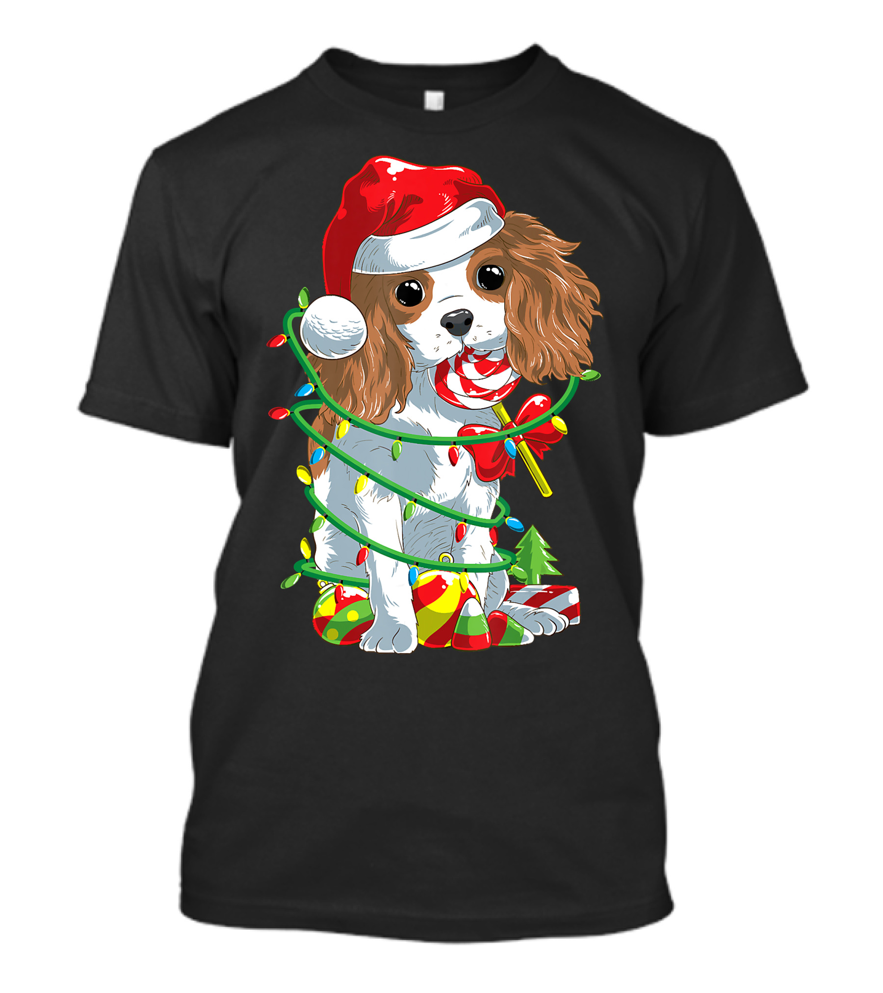 Cute Cavalier King Charles Spaniel Dog In Santa Hat With Christmas Lights And Candy Cane T-Shirt