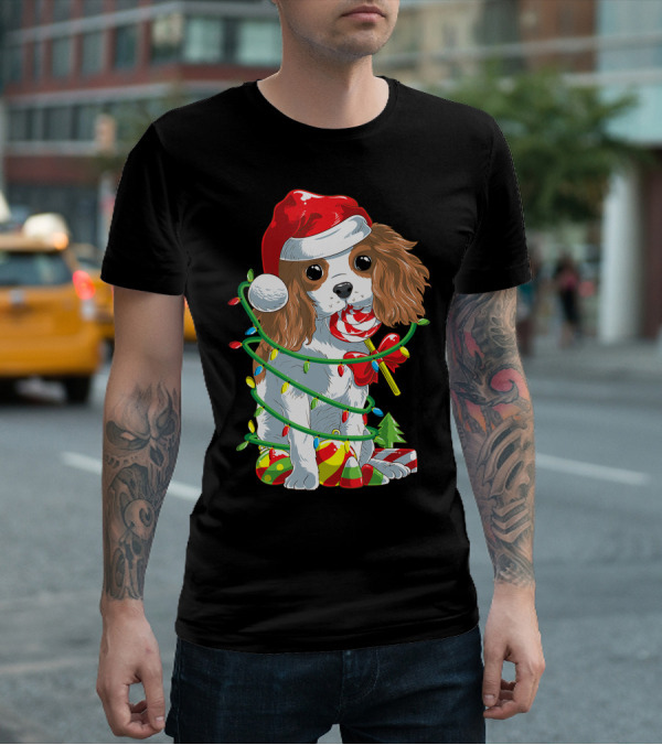 Cute Cavalier King Charles Spaniel Dog In Santa Hat With Christmas Lights And Candy Cane T-Shirt