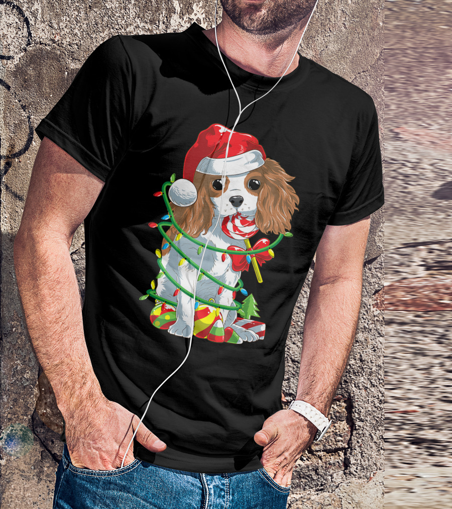 Cute Cavalier King Charles Spaniel Dog In Santa Hat With Christmas Lights And Candy Cane T-Shirt