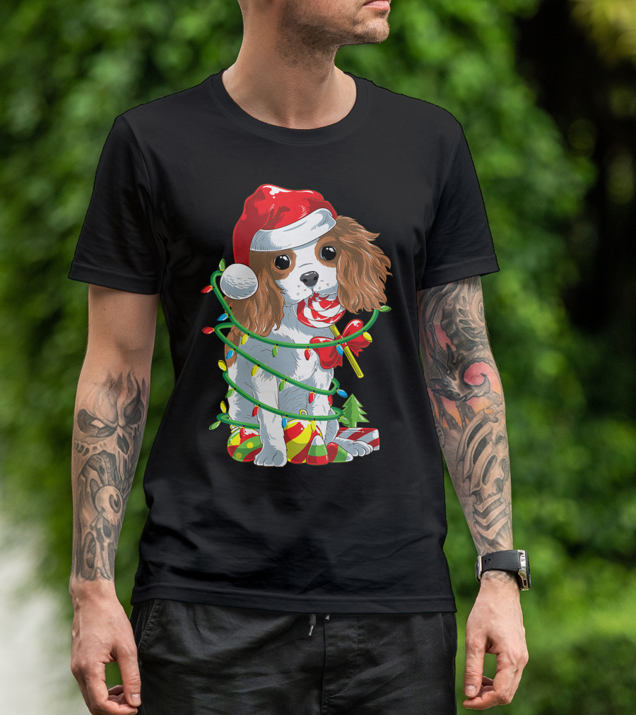 Cute Cavalier King Charles Spaniel Dog In Santa Hat With Christmas Lights And Candy Cane T-Shirt