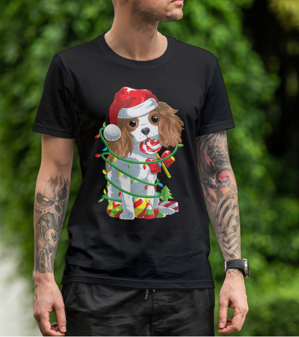 Cute Cavalier King Charles Spaniel Dog In Santa Hat With Christmas Lights And Candy Cane T-Shirt