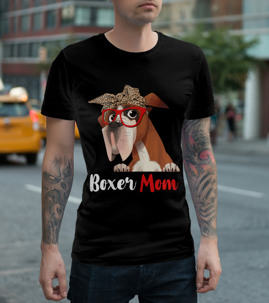 Boxer Mom With Red Glasses And Leopard Headband For Dog Lovers T-Shirt